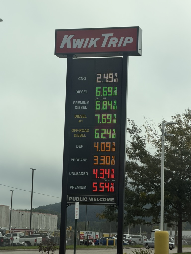 Kwik Trip fuel price sign showing unleaded at $4.34 9/10 per gallon